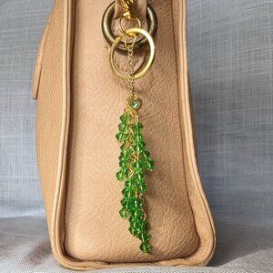 GREEN & GOLD BEADED KEYCHAIN CHARM FOR PURSE HANDBAG TOTE OR BACKPACK